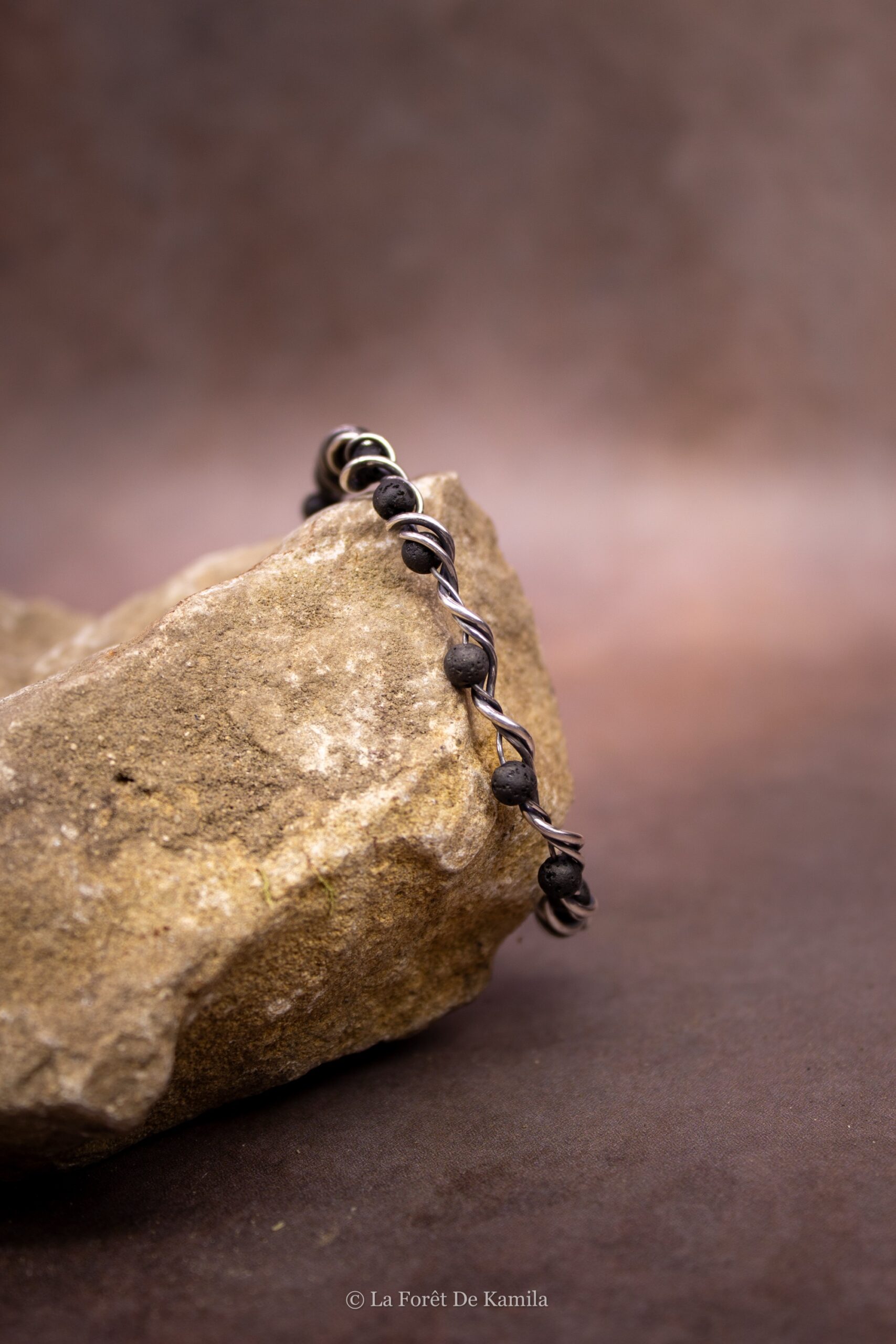 Bracelet de perles tressé - Argent massif et Pierre de Lave